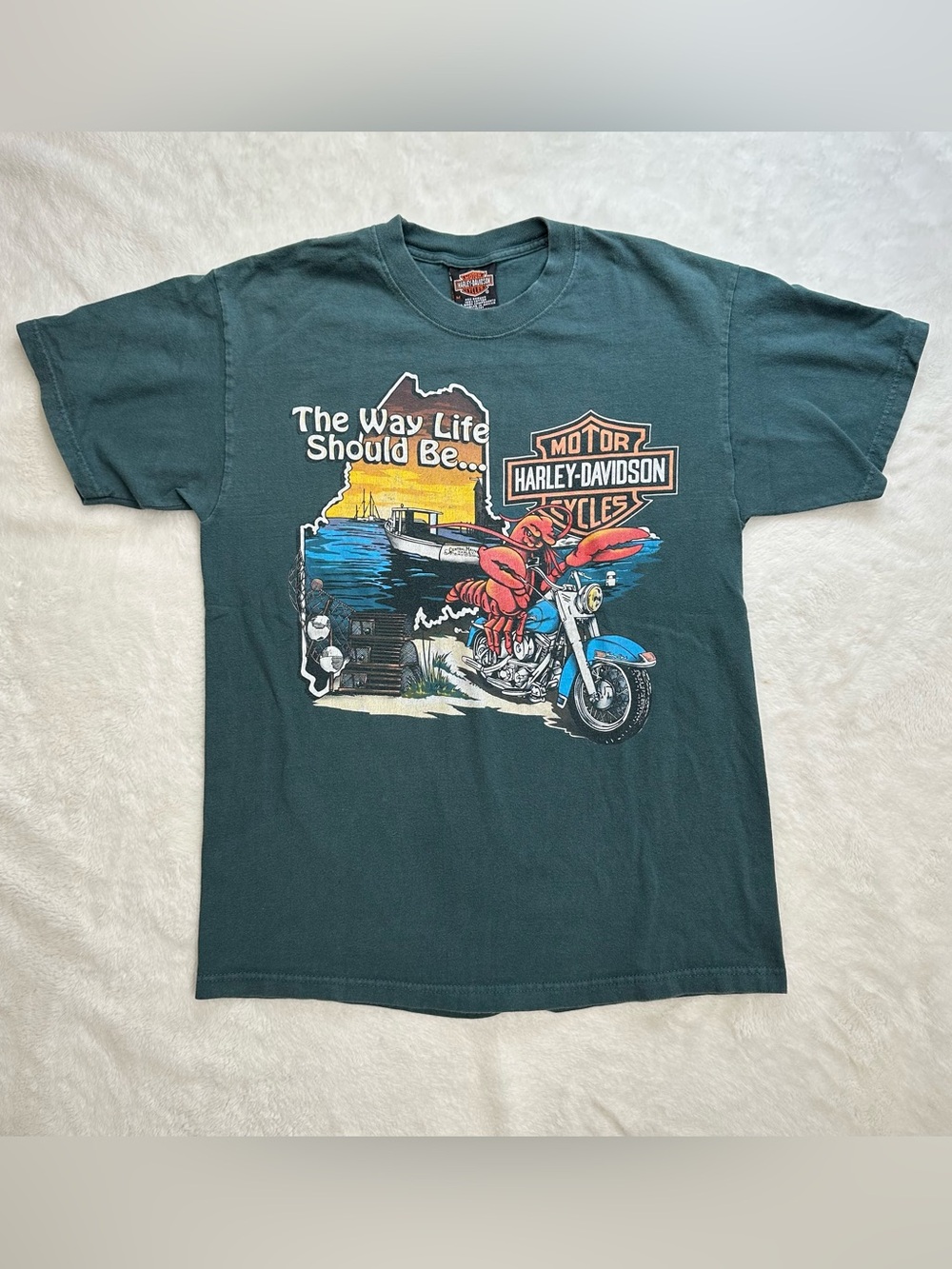 Vintage 1997 Harley Davidson Central Maine Lobster T-Shirt Green Medium